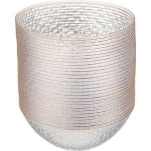 PLASTICPRO 30 Pack 12 Ounce Hammered Plastic Bowls, Heavyweight Disposable Bowl Set, Elegant Clear with Gold Rim, BPA Free, for Parties, Dinners, Events