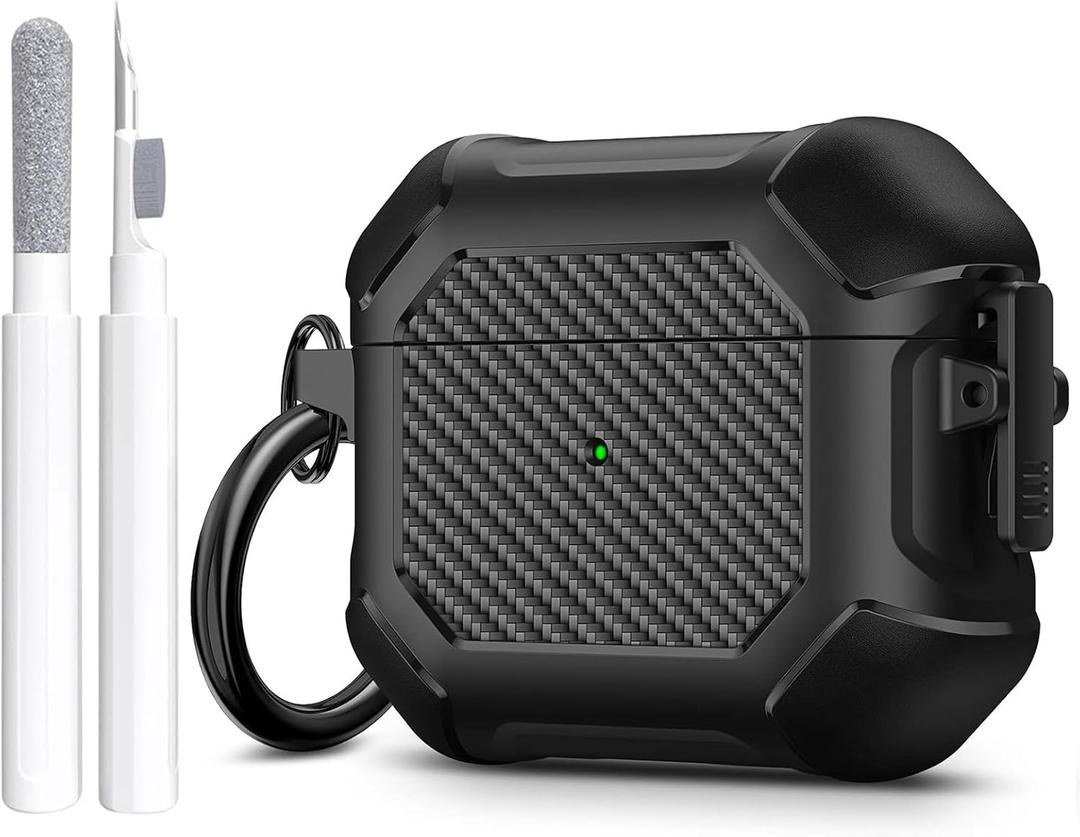 Maxjoy for Airpods 3rd Generation Case, Carbon Fiber Secure Lock Clip Full Body Shockproof Hard Shell Protective Apple for Airpods 3 Case Cover with Keychain for AirPod 3rd Gen 2021 for Men, Black