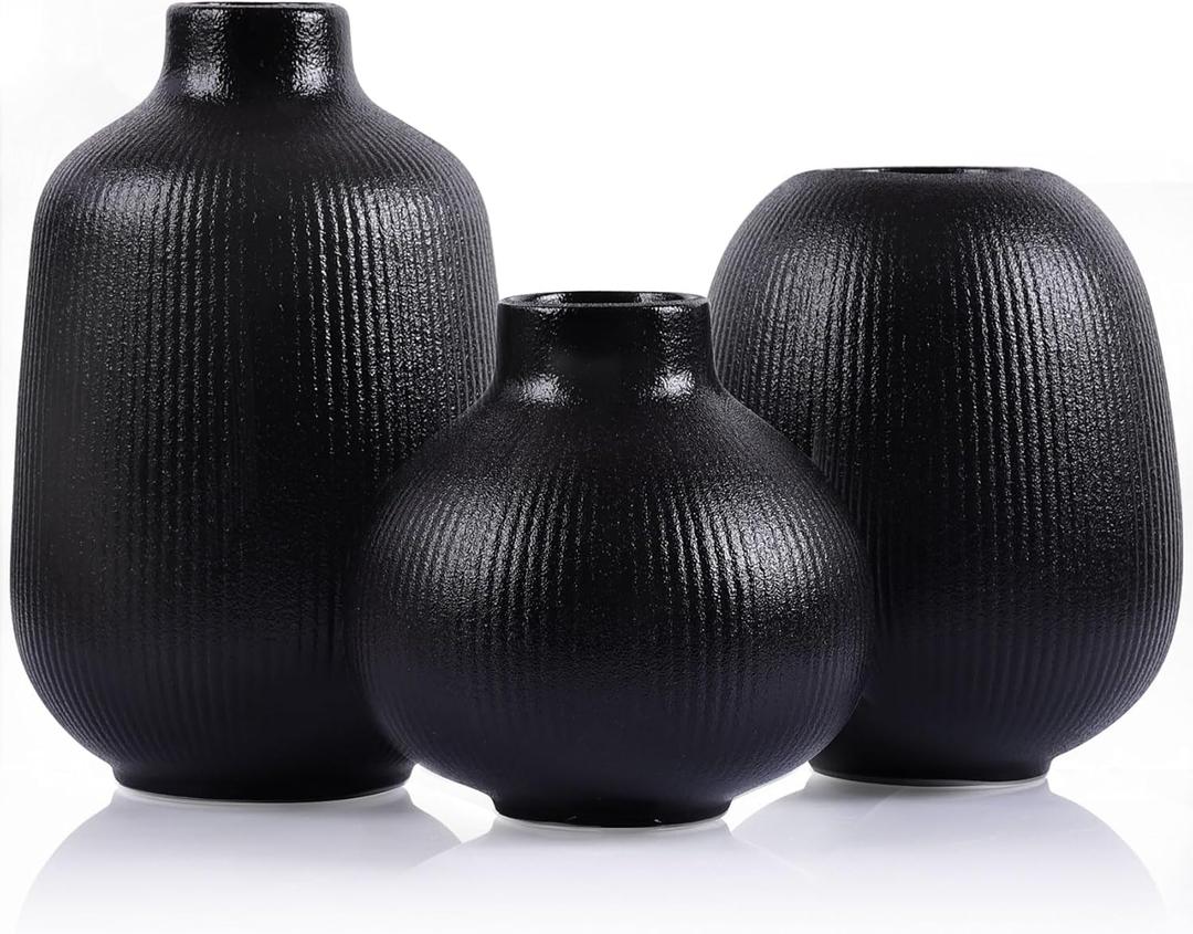 Black Ceramic Vase Set of 3, Minimalist Decor, Home Decorative Vase, Modern Ribbed Vases, Black Vase Set for Kitchen, Bedroom, Office, Living Room, Bathroom, & Shelf Centerpiece Table Decoration