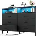 Black Dresser for Bedroom, 6 Drawer Dresser, Fabric Vertical Storage Tower with Fabric Bins with Open Shelves LED Light and Charging Station, Chest of Drawers for Closet Chests Organizer, Living Room