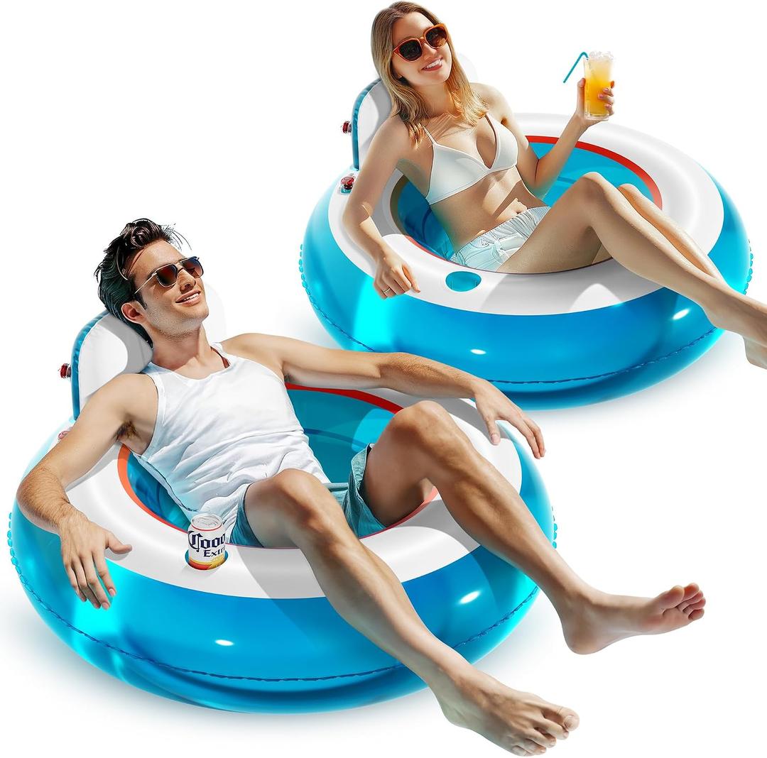 QPAU Inflatable Pool Float 2 Pack | Backrest & Armrest Support Water Float Chair | 44 Lounger Float with 1 Cup Holder | Cooling Outdoor Inflatable Pool Chair | Summer Water Play Party