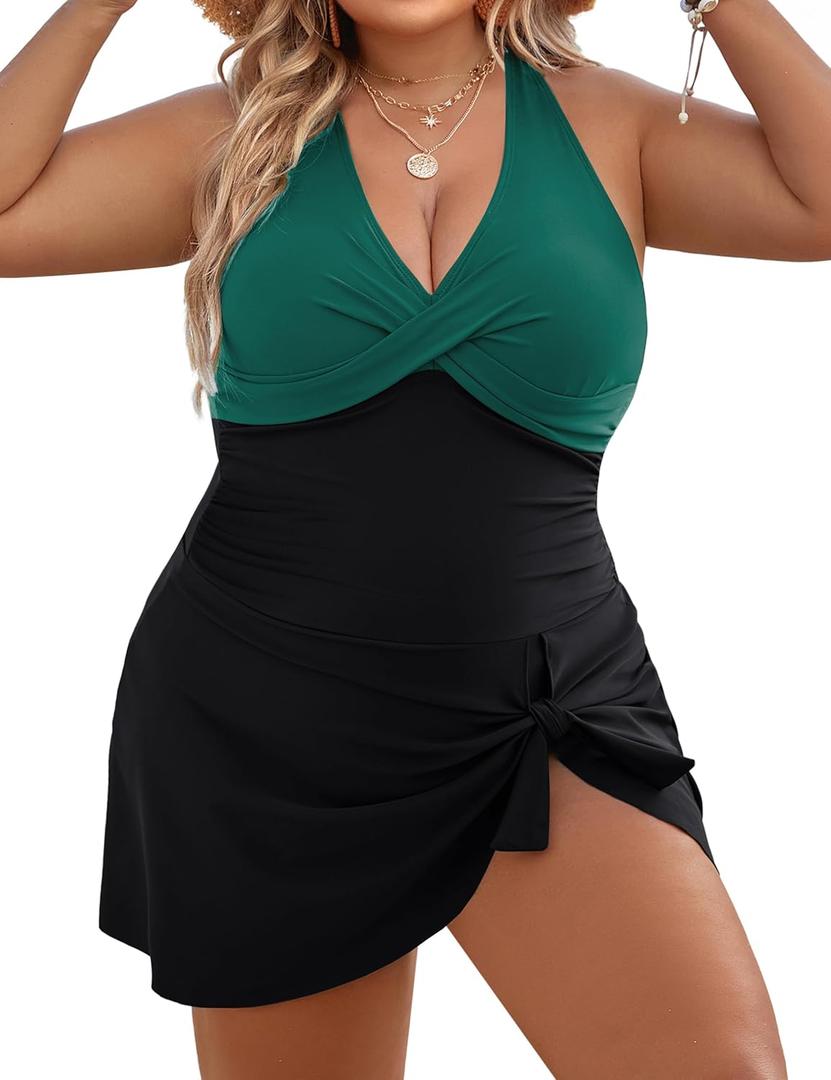 Blooming Jelly Women Plus Size Swim Dress Swimsuit One Piece Tummy Control Bathing Suits Modest Criss Cross Swim Suits (X-Large Plus, Black Green 02)