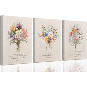 3Pcs Christian Floral Scripture Canvas Wall Art Boho Wildflowers Bible Verse Painting Picture Wall Decor Inspirational Psalms Poster Print Artwork for Living Room Bedroom Home Decoration 12x16in