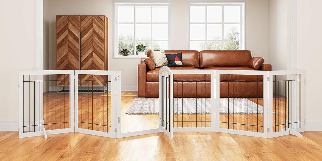 PAWLAND 144-inch Extra Wide 30-inches Tall Dog gate with Door Walk Through, Freestanding Wire Pet Gate for The House, Doorway, Stairs, Pet Puppy Safety Fence, Support Feet Included, White,6 Panels