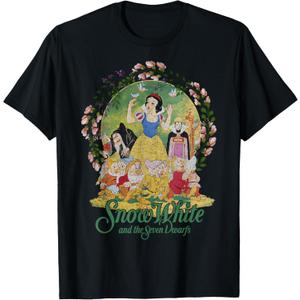 Disney Snow White Group Shot Classic Poster Floral Wreath T-Shirt (Black, Medium)