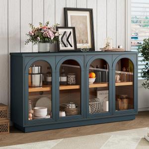Merax 4-Door Large Storage Buffet Cabinet with Arched Glass Doors and Adjustable Shelves for Kitchen, Dining Room and Living Room (Black)