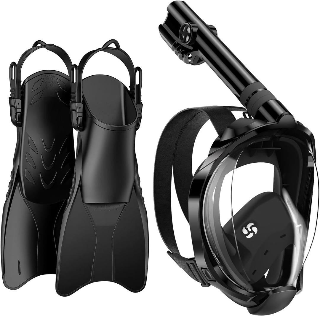 WSTOO Mask Fins Snorkel Set,Snorkeling Gear for Adults,Full Face Snorkel Mask & Adjustable Swim Fins,Dry Top System Anti-Fog Anti-Leak (Black) L