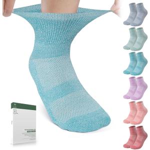 Bulinlulu Bamboo Viscose Diabetic Socks, 6 Pairs Non Binding Ankle Socks, Reinforced Toe, Size 6-9/9-11/13-15 (Medium, Pale Orange/Cyan/Pale Blue/Turquoise/Purple/Maroon)