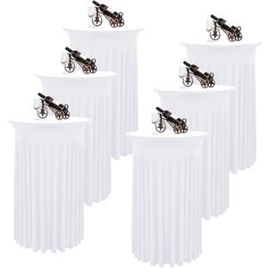 6 Packs Round Cocktail Table Skirt 32"x 43" Spandex Stretch Cocktail Tablecloth with Wavy Drapes, White Spandex Fitted High Top Table Covers for Wedding Bar Party Birthday Banquet Tables