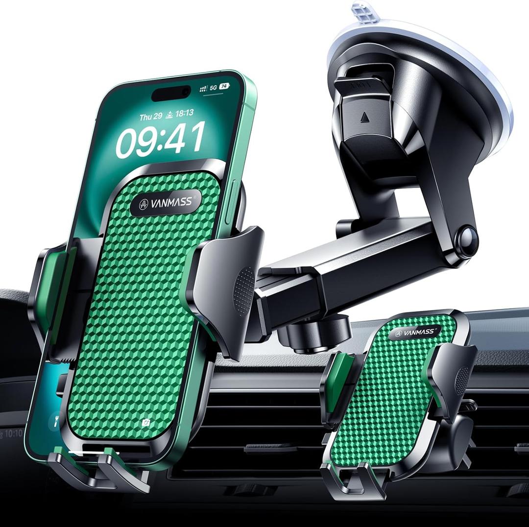 VANMASS 2026 True Military-Grade Phone Holders for Your Car 90 LBS Strongest Suction & Clip Ultimate Cell Phone Mount Dashboard Window Vent For iPhone 16 Pro Max 15 14 13 Samsung Android (Green)