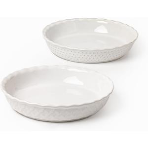 FOBENTA Ceramic Pie Dish Set of 2,9 Inch Deep Baking Dishes, 36oz Each,Embossed Floral & Dotted Pattern Pie Plates,Oven, Microwave & Dishwasher SafeElegant Kitchen Gift Set
