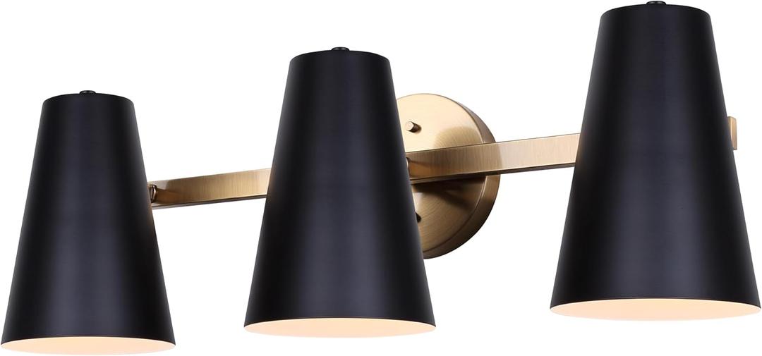 Canarm Harken 3-Light Vanity Fixture  Matte Black & Gold, Modern Mid-Century Bathroom Wall Light, Easy Install