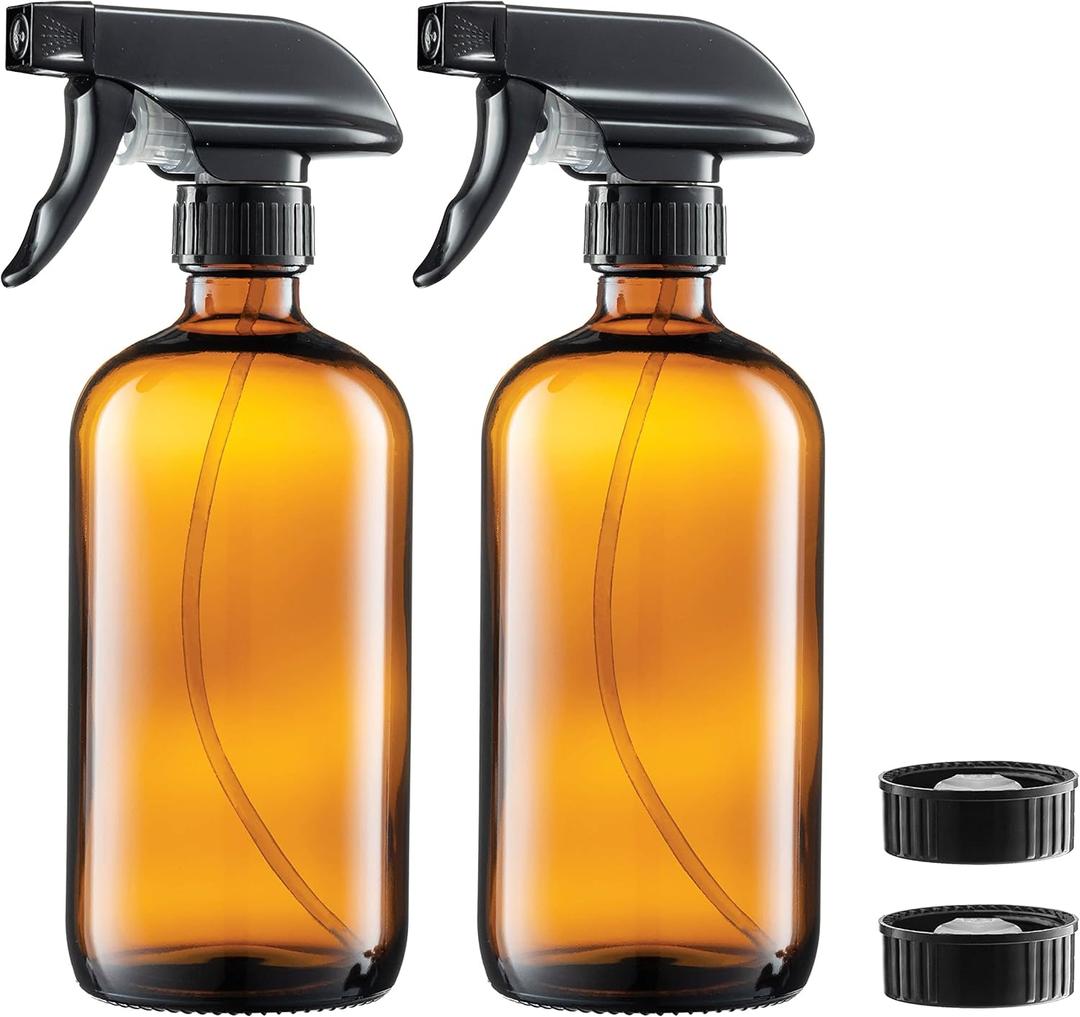 2 x Paksh Novelty Glass Spray Bottles Amber 2 Pack 16 Oz Refillable Container with Durable Leakproof Trigger Sprayer with Mist/Stream/Lock for Hair, Cleaning Products, Essential Oils, Aromatherapy, Water