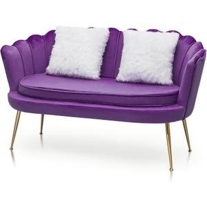 Magshion Purple Velvet Couch Tufted Loveseat with 2 Pillows, Velvet Love Seat Accent Chair, Modern Scalloped Back Upholestered Armchair with Metal Legs, Cushion Padded Sofa