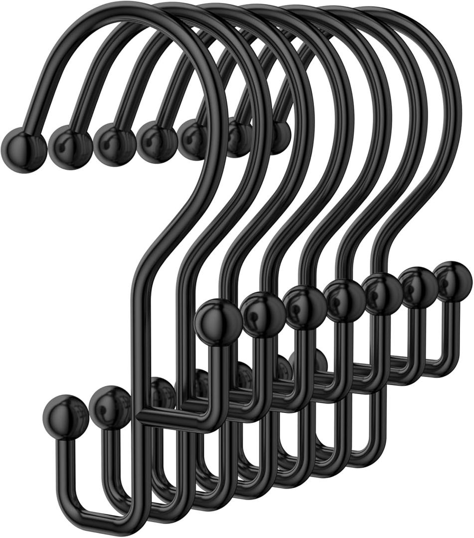 Goowin Shower Curtain Hooks, Black Shower Curtain Hooks Rust Proof, Anti-Drop Metal Shower Curtain Rings Hooks, Double Shower Hooks for Shower Curtain, Shower Rings for Curtain & Liner, Black-12 Pcs (Minimalist)