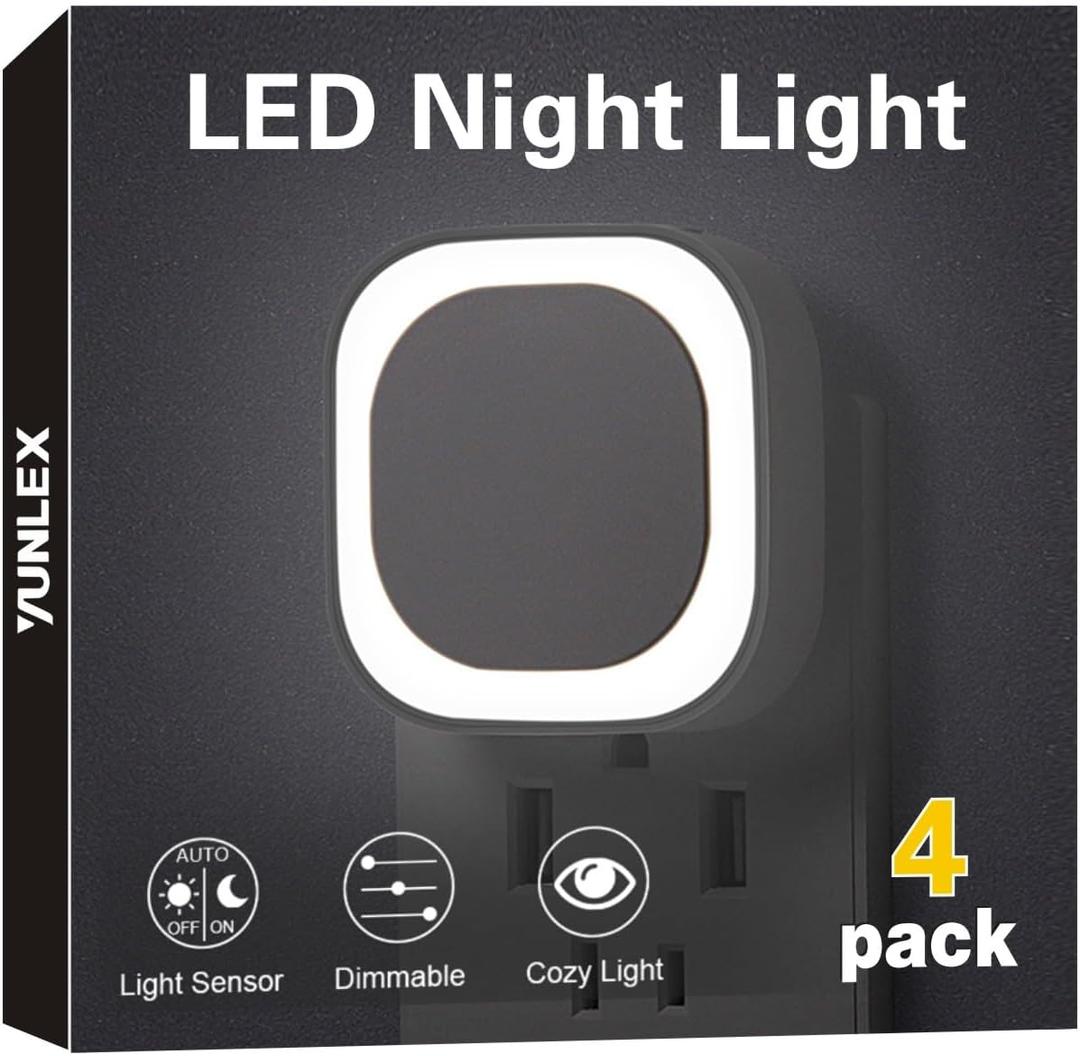 YUNLEX 4 Pack Daylight White Night Light, Gentle Eye-Care with Dimmable Wide-Glow, Indirect Reflection, Auto Dusk to Dawn Sensor, Plug in for Hallway, Kitchen, Garage, Laundry, as Mother Gifts