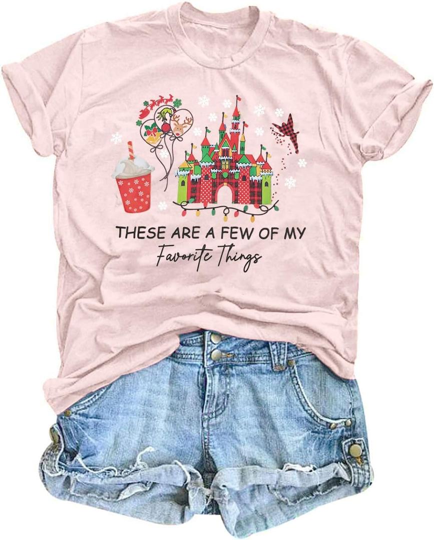 Women Magical Christmas T Shirt Merry Christmas Shirt Xmas Magic Kingdom Shirts Magic Castle Holiday Short Sleeve Top Tee Red (Pink, XL)