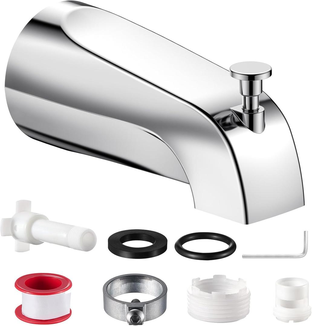 Universal Bathtub Tub Spout with Diverter, Fits 1/2" Slip-Fit Copper Pipe and 1/2" IPS & 3/4" IPS Thread Connections, Bathroom Tub Faucet Replacement with Adapters, PTFE Tape and Hex Wrench (Chrome)