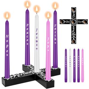 5PCS Christmas Advent Candles and Nativity Candle Holder,Colored Taper Candles Set with Wood Cross & Celtic Knot Candlestick,Religious Christmas Gift for Home Church Fireplace Centerpiece Decor (Purple-Pink-White)