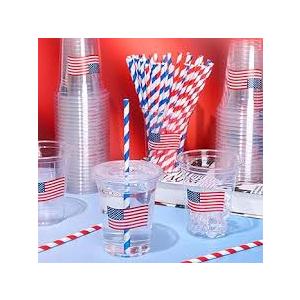 Whaline 50Pcs 12Oz Patriotic Disposable Plastic Cups with Lids and Straws 4th of July American Flag Cold Beverage Drinking Cups for 250th Anniversary Independence Day Party Supplies