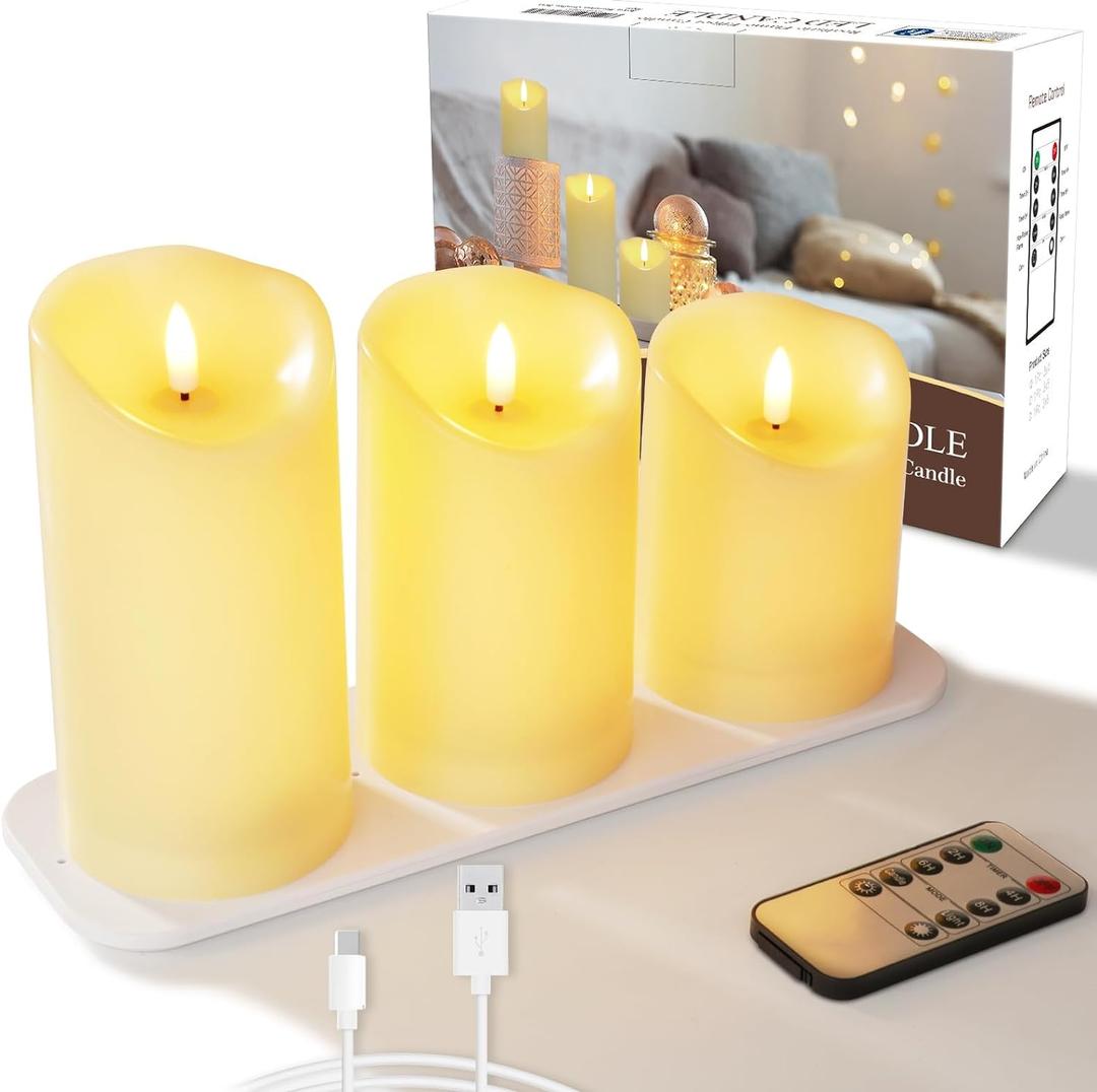 5plots Rechargeable Flameless Candles, Battery Operated LED Candles, Electric Candles with Remote and Timers, Wax-Like Plastic, Ivory, 3Pack, 3" x 4"5" 6", for Home Decor