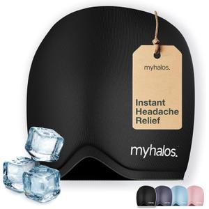 MyHalos® Migraine Relief Cap, 30% Thicker, 2X More Cooling Gel, Stays Colder for Longer, Ice Hat, Ice Pack Head Wrap, Cold Headaches & Migraine Mask - Hangover, Tension Headache Relief Cap (Black)