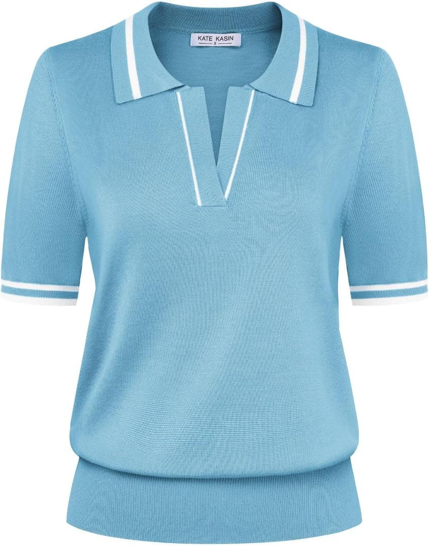 Kate Kasin Women Short Sleeve Polo Sweater V Neck Knitted Tops Casual Ribbed Shirt Loose Pullover Sweater (Blue, XL)