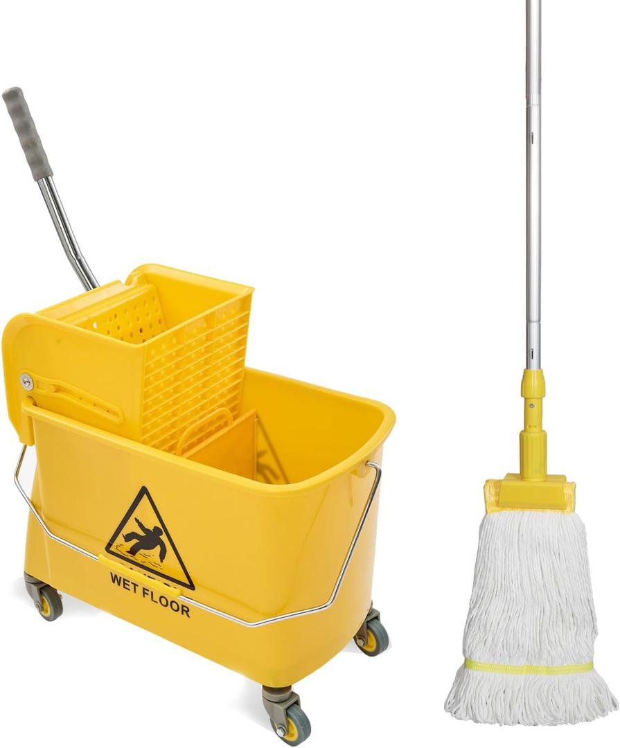 Midoneat Mop Bucket with Wringer, 22 Qt (5.5 Gallon), Handle, Wheels,Floor Cleaning, 16.5" L x 10.6" W x 26.4" H, Yellow,Add One Cotton Mop