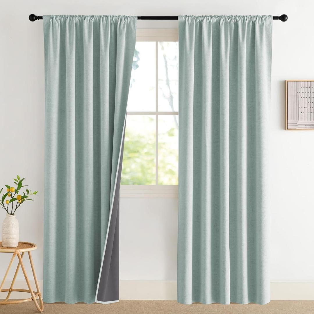 NICETOWN 2 Panels Seafoam Green Linen 52 x 80 Inches 100% Blackout Curtains for Bedroom - Linen Blend Rod Pocket Drapes for Living Room, Nursery, Thermal Insulated & Light Blocking Curtains