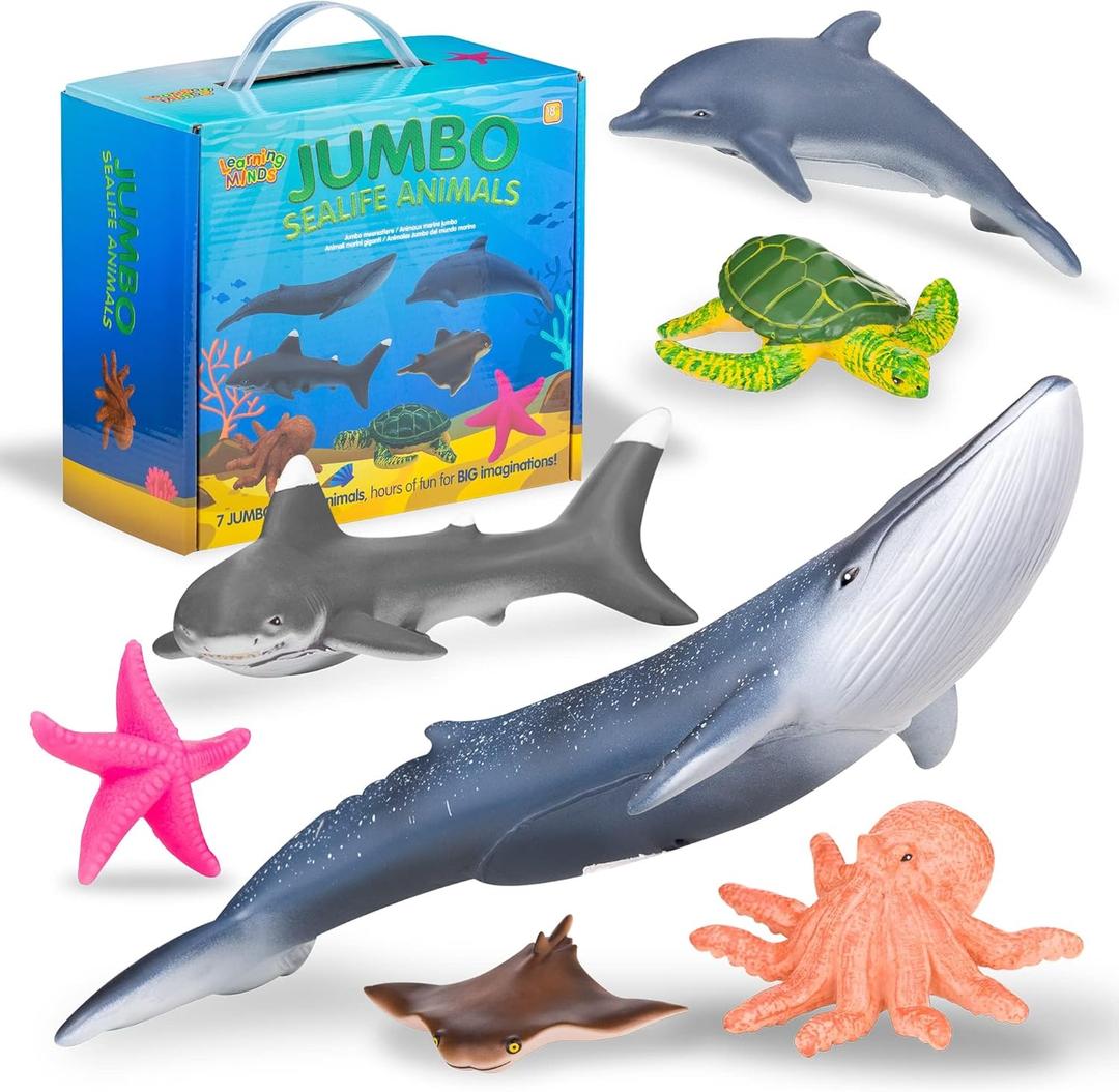 Learning Minds Jumbo Sea Animals - Set of 7 Educational Ocean Fish Toys for Kids - Shark, Whale, Dolphin, Octopus Animal Figures - Toy Fish & Sea Creatures for Toddlers - Age 18 Months +