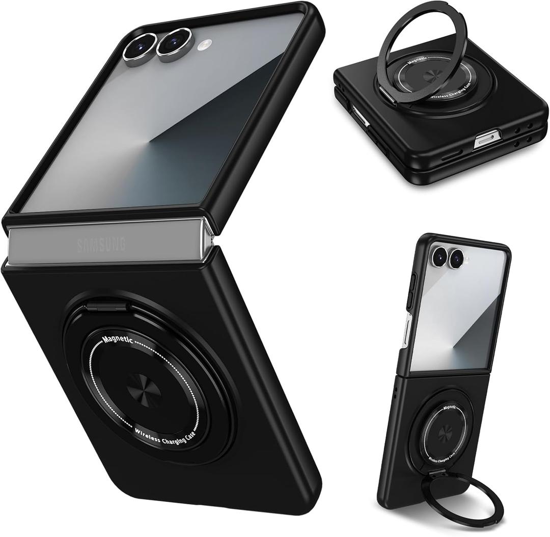 Magnetic Case for Samsung Galaxy Z Flip 7, [Compatible with MagSafe] Military Grade Shockproof Slim fit Samsung Z Flip 7 Phone Case with Magnetic Ring Kickstand, Black