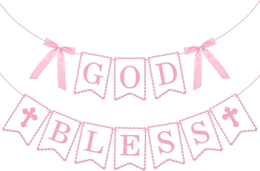 God Bless Banner Pink Bow Baptism Banner Cross Banners Double Layers Pink Baptism Decorations for First Communion Confirmation Decorations Baby Girl Shower Decoration