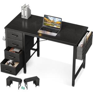 Casaottima 32 Inch Small Computer Desk with 4 Fabric Drawers, Home Office Desks with Storage & Side Hook and Cloth Bag, Modern Study/Work Table for Bedroom and Small Space, Pure Black
