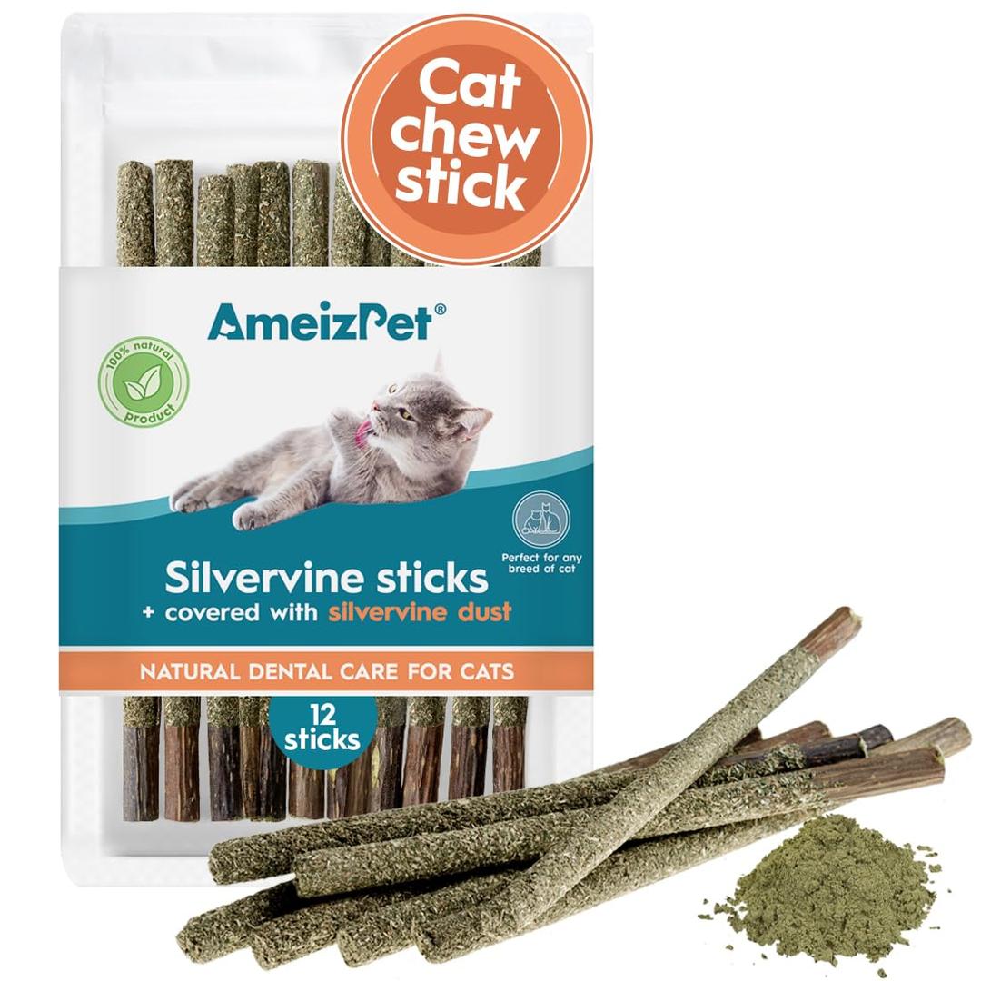 AmeizPet Silvervine Sticks For Cats, Chew Sticks Covered With Silvervine Dust – Natural Matatabi Cat Dental Care, Catnip Cat Teeth Cleaning Dental Sticks, 2 Pcs