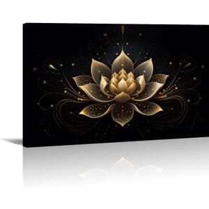 LYUNSHUO Zen Wall Art,Black and Gold Lotus Painting Canvas Print Meditation Poster Flower Picture Vintage Artwork for Spiritual Room Bathroom Living Room Home Decor Framed(Art-1,16.00"x24.00")