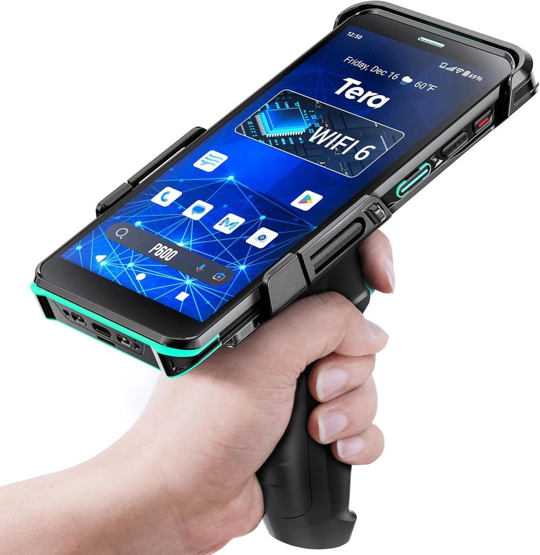 Tera Android 11 Barcode Scanner PDA: with Pistol Grip Wi-Fi 6 Ready Handheld Mobile Computer 6 Full Screen Qualcomm CPU HS7 Scan Engine IP67 Rating 4+64 GB QC 3.0 Fast Charge Inventory Scanner P600 (Black), Code is 1111