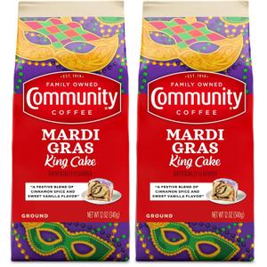 Community Coffee Mardi Gras King Cake Flavored 12 Ounces, Medium Roast Ground Coffee, 12 Ounce Bag (Pack of 2), Best By 09/15/2024