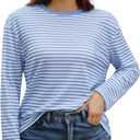 Gardenwed Long Sleeve Shirts for Women Striped Crewneck Loose Fit Basic Tops 2025 Fall T-Shirt (Blue, XXL)