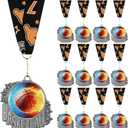 Seenelling 12 Pcs Basketball Medals Metal Award Medals Silver Sport Ball Trophy with Neck Ribbon Prize Gift for Sports Game Participation Themed Party Favors