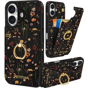 Petitian for iPhone 17 Case with Wallet - Women Girls Cute Girly Aesthetic Unique Design Leather Credit Card Holder Cardholder 360 Rotatable Ring Stand for iPhone 17, Grow Flower