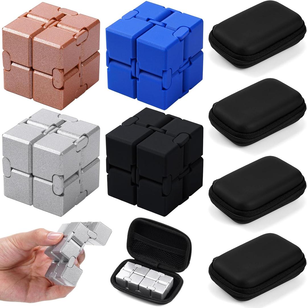 4 Pcs Infinity Cube Fidget Toys Adults Infinite Magic Fidget Cube with Case, Finger Gadget Portable Anxiety Stress Relieving Christmas Toys Gift Compatible with ADD ADHD OCD