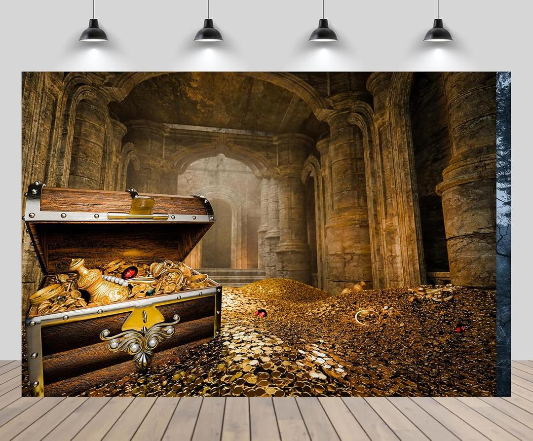 7x5ft Treasury Hall Backdrop Gold Coins Treasure Boxes Lost Ancient Treasures Kingdoms and Castles Background Pirate Treasure Halloween Festival Party Decor Photo Studios Props (B1-1324)