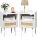 MECHYIN Night Stand Set 2, Nightstands Set of 2 with Charging Station, Rattan Side Tables with Solid Wood Legs, Boho Bedside End Table for Apartment Bedroom Dorm Small Space - White, 11.8"d X 15.9"w X 23.4"h