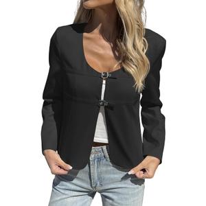 Cicy Bell Womens Cropped Blazer Jacket Long Sleeve Work Trendy Casual Tops Double Buckle Collarless Jackets (Small, Black)