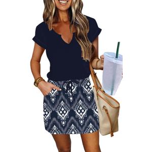 SAUKOLE Women Summer T Shirt Dress Casual Short Sleeve V Neck Dress with Pockets Drawstring Waist Short Dresses (Medium)