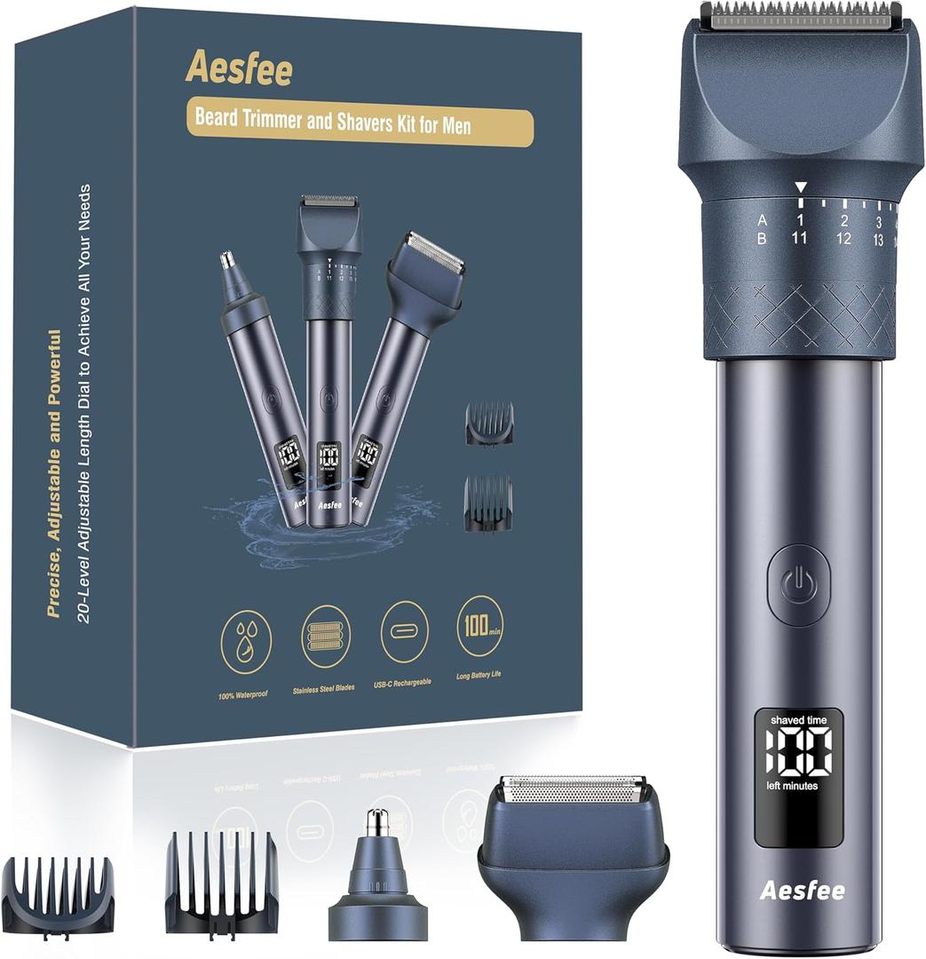 Beard Trimmer and Clippers Set for Men with Foil Shaver, Professional 3-IN-1 Mens Shaving Fades Kit with Nose Trimmer, IPX7 Waterproof Wet/Dry, Precise Dial Adjustable 20 Settings, USB-C Rechargeable