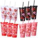 Ovveroche 12 Pcs Valentine's Day Plastic Cups with Lids and Straws 24 oz Reusable Cups Travel Mug Bulk for Valentine's Day Birthday Wedding Anniversary Party Favors