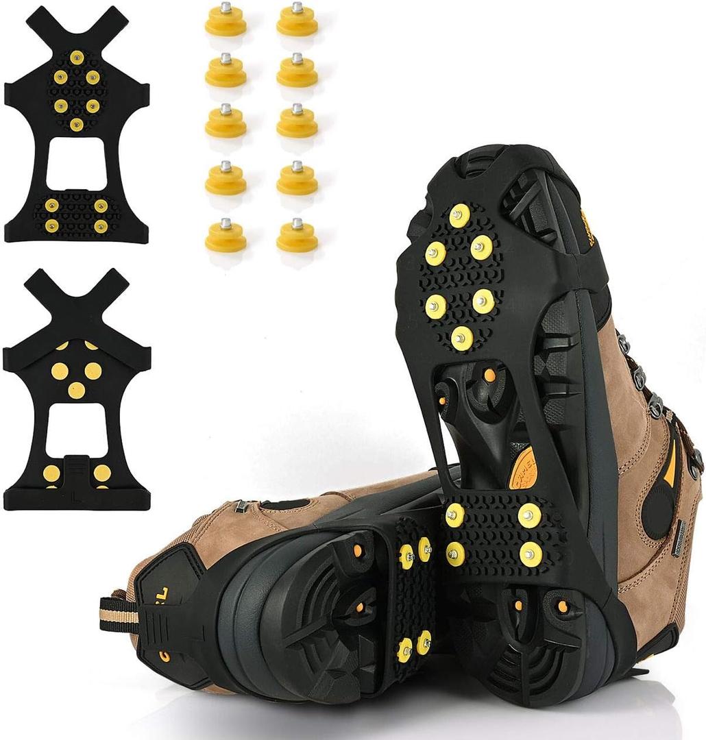 Ice Cleats, Ice Grips Traction Cleats Grippers Non-Slip Over Shoe/Boot Rubber Spikes Crampons with 10 Steel Studs Crampons + 10 Extra Replacement Studs (Large, Black)
