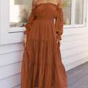 ZESICA Women's Boho Off Shoulder Wedding Guest Dress 2026 Spring Summer Side Split Flowy A Line Long Maxi Dresses (Brown, L)