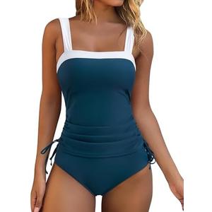 RXRXCOCO Women Tankini Bathing Suits Tummy Control Ruched Swimsuits Colorblock Drawstring Swimwear S